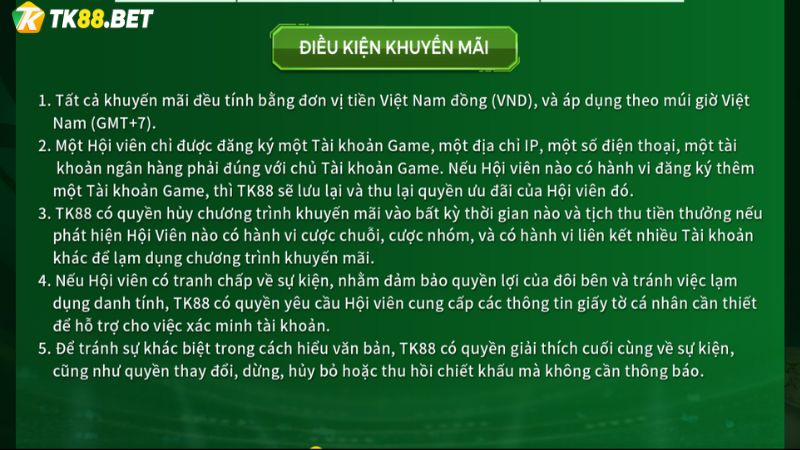 Điều kiện khuyến mãi TK88 người chơi cần nắm